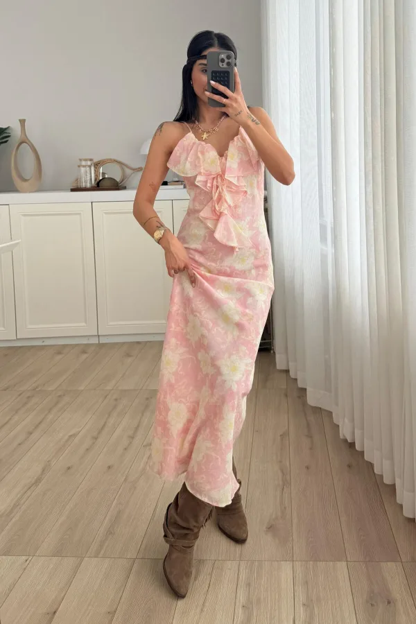İp Askılı Fırfırlı Çiçekli Elbise Pembe