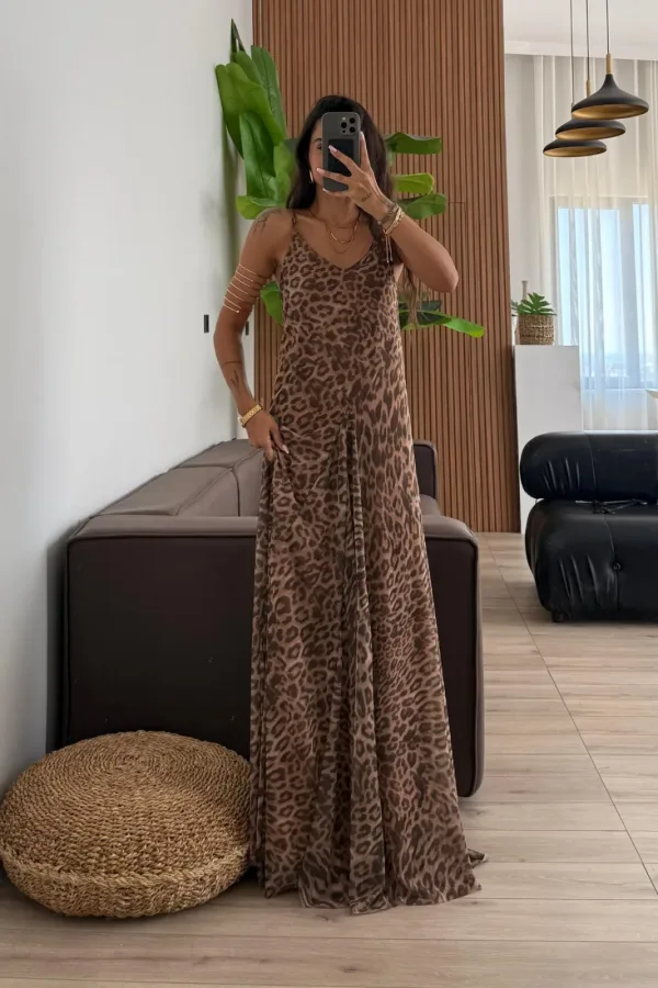 Mys İp Askılı Leopar Tül Elbise 
