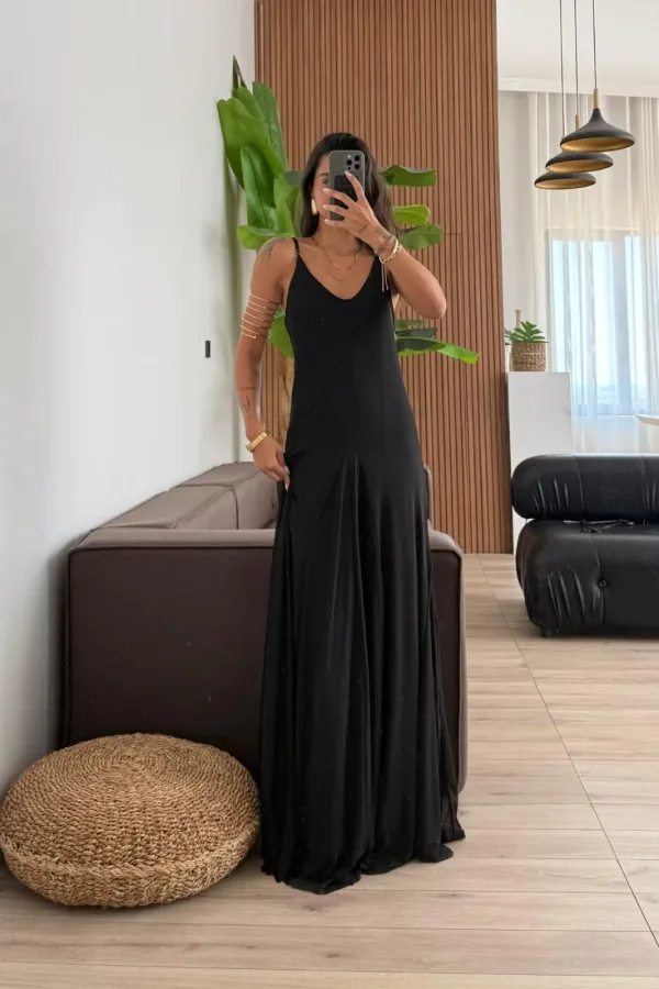 Mys İp Askılı Tül Elbise Siyah 