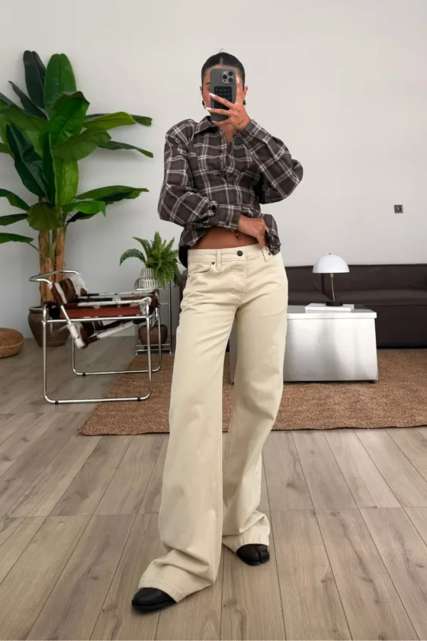 Düşük Bel Wide Leg Jean Krem