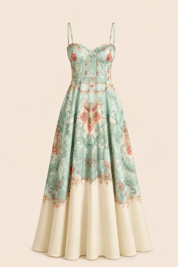 Antik Floral Gloplu Elbise Yeşil