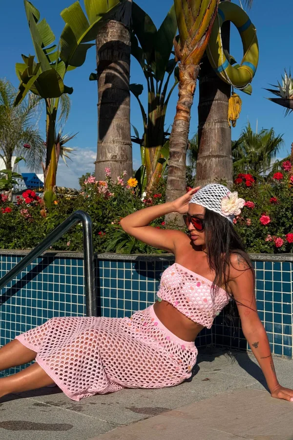 Pullu Crop Etek Plaj Takım Pembe
