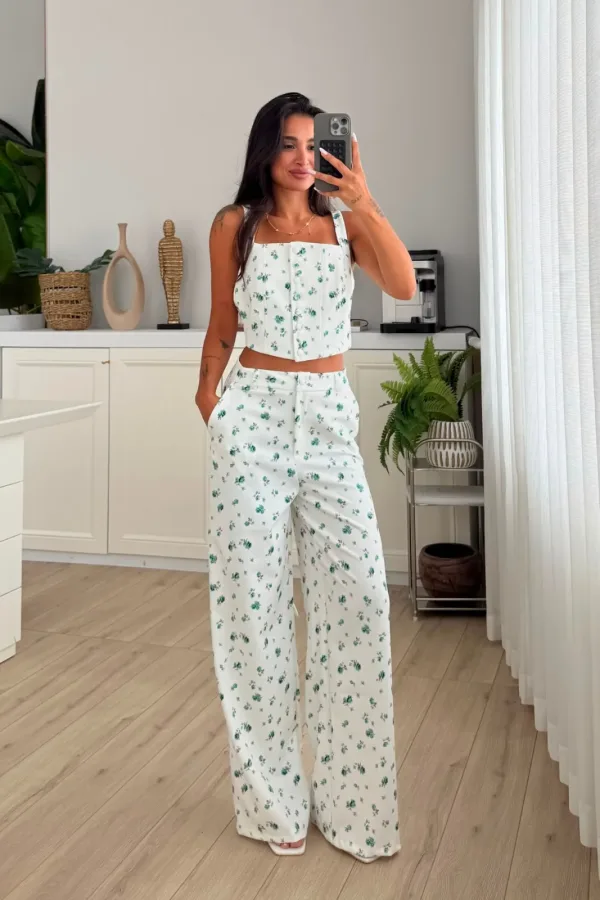 Mn Çiçekli Bluz Pantolon Takım
