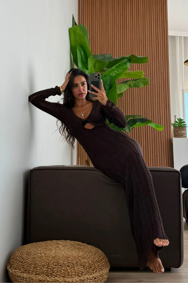 Anandra Boncuk Detaylı Triko Plaj Elbise Kahverengi