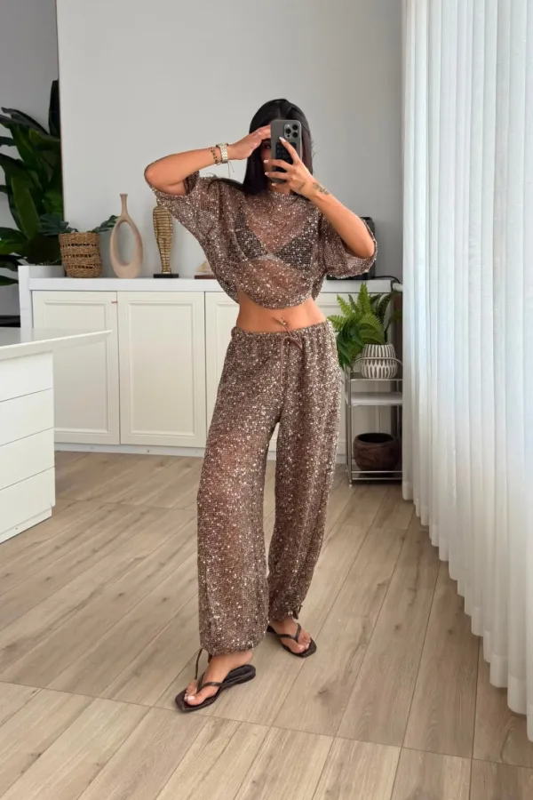Pullu Fileli Bluz Pantolon Takım 