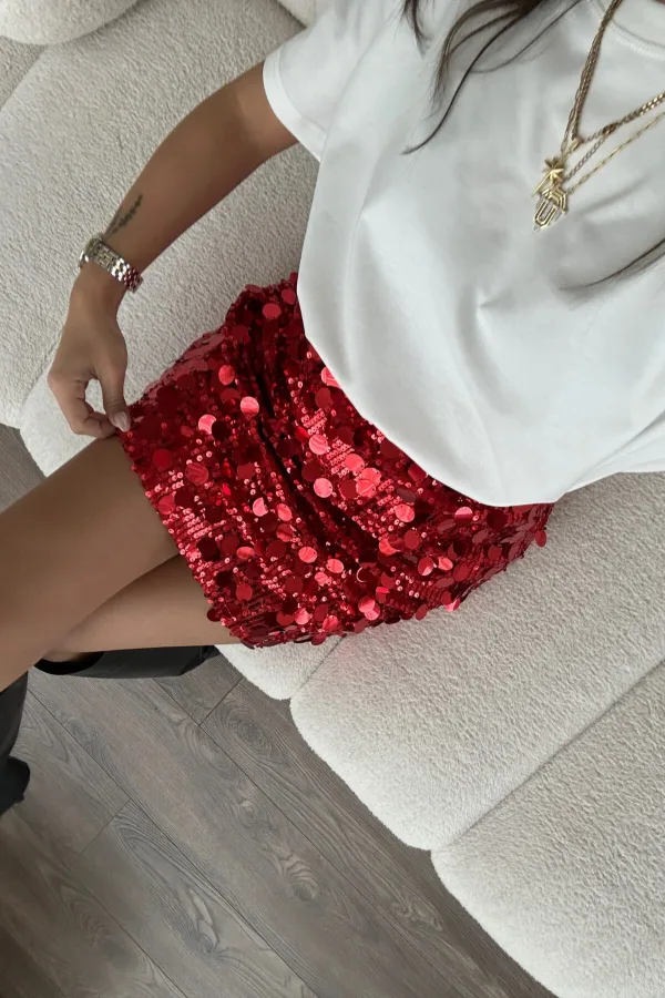 Parla Kırmızı Pullu Mini Etek