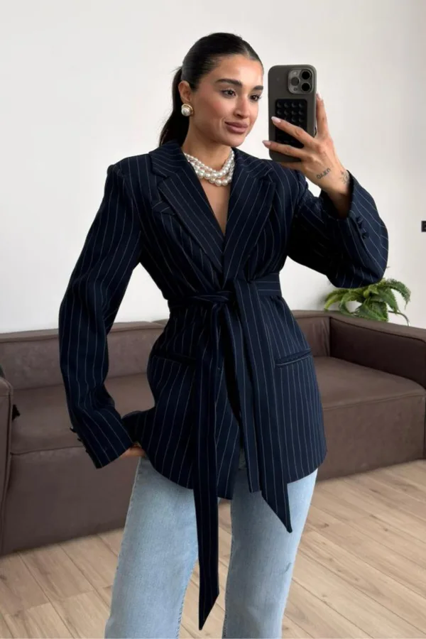 Çizgili Blazer Ceket Lacivert