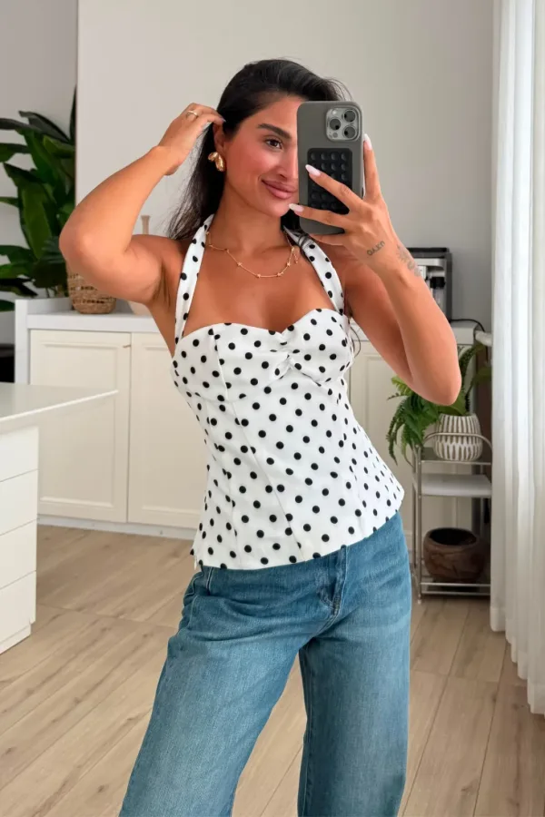 Boyundan Askılı Puantiyeli Bluz