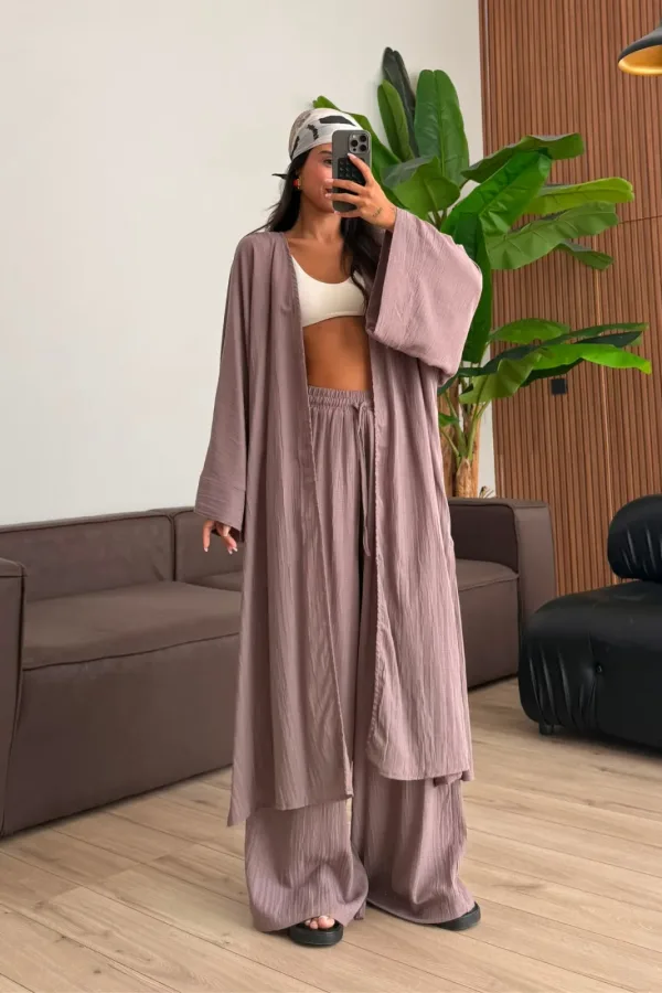 Gofre Kumaş Yırtmaçlı Kimono Takım