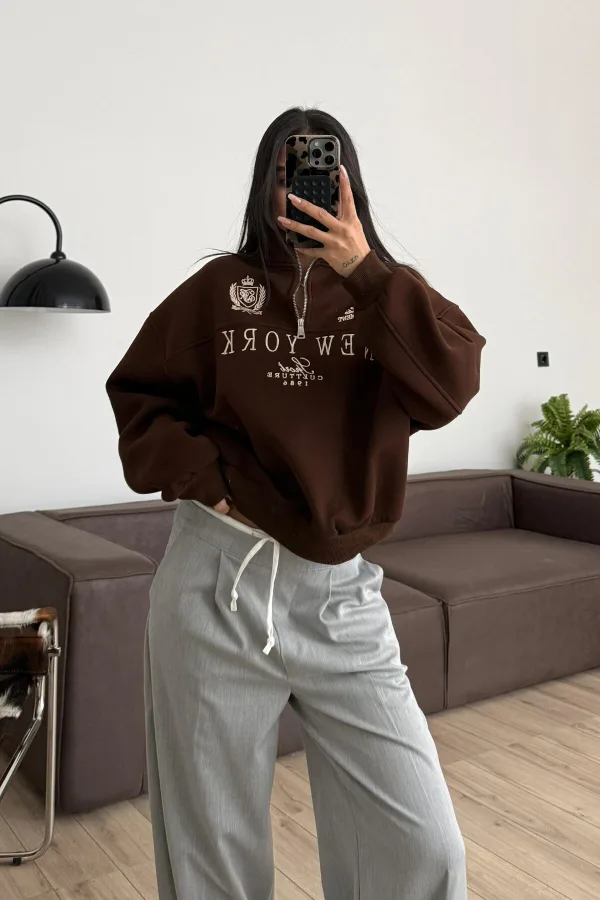 Yakası Fermuarlı Sweat Kahverengi