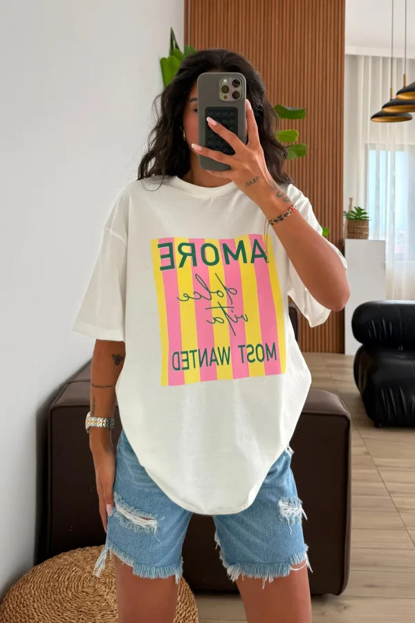 Amore Yazı Baskılı Tişört Ekru