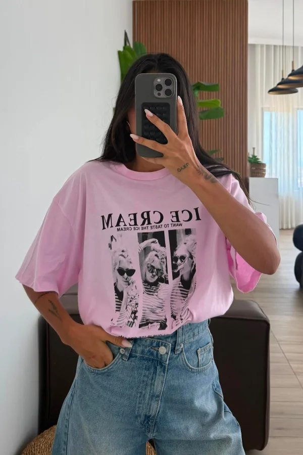 Ice Cream Yazılı Tişört Pembe
