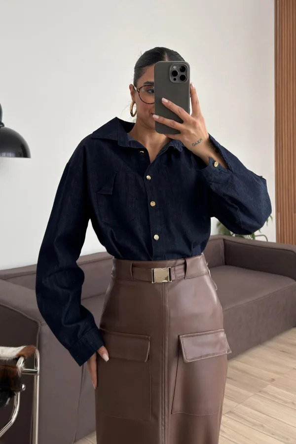 Gold Düğmeli Denim Lacivert Gömlek