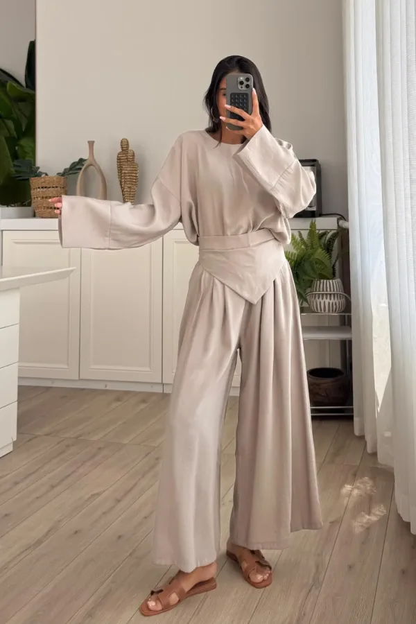 Beli Şal Detaylı Pantolon Bluz 