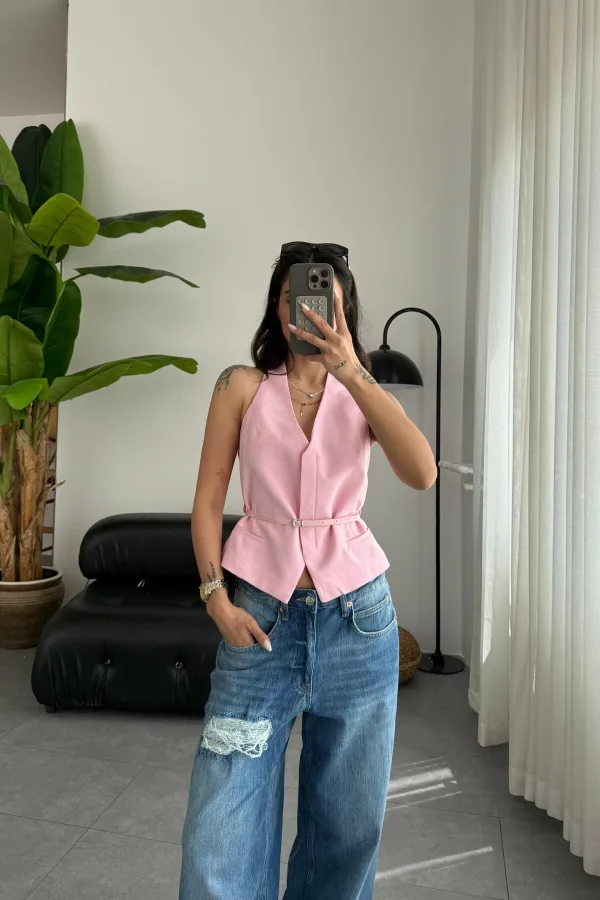 Beli Kemerli Pembe Yelek