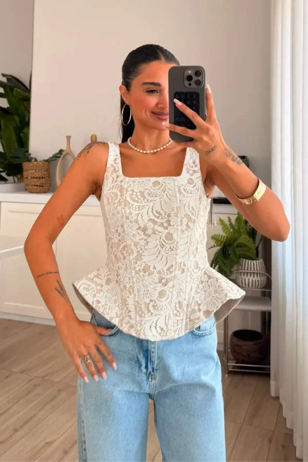 Kalın Askılı Dantelli Balenli Korse Bluz Beyaz 