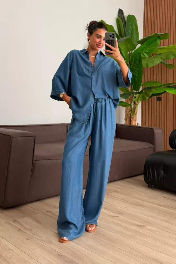 Yetim Kollu Denim Görünümlü Pantolon Takım 