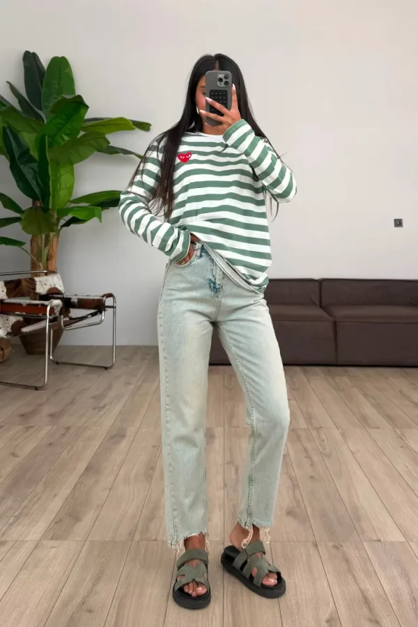 Ff Mom Yeşil Yıkamalı Jean 