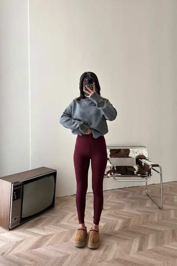 Oys Bordo Sıkı Slim Fit Şardonlu Tayt