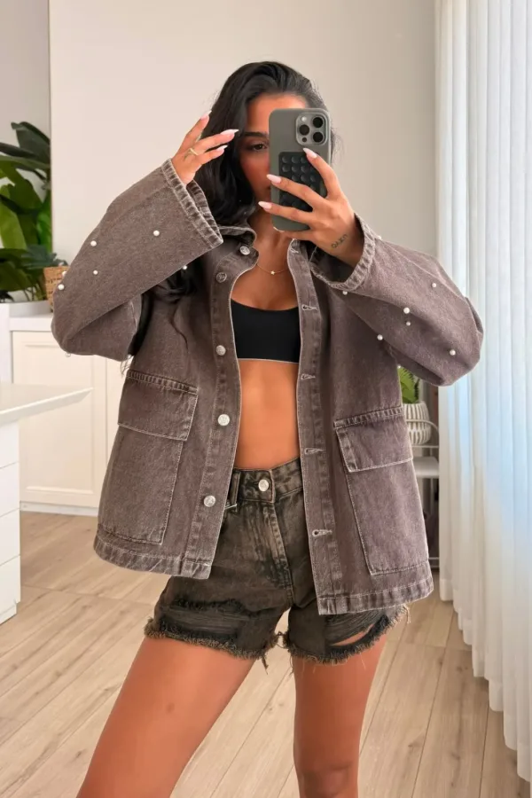 İnci Taşlı Denim Ceket Kahverengi 