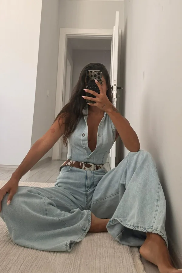 Sırtı Açık Kot Tulum Buz Mavi