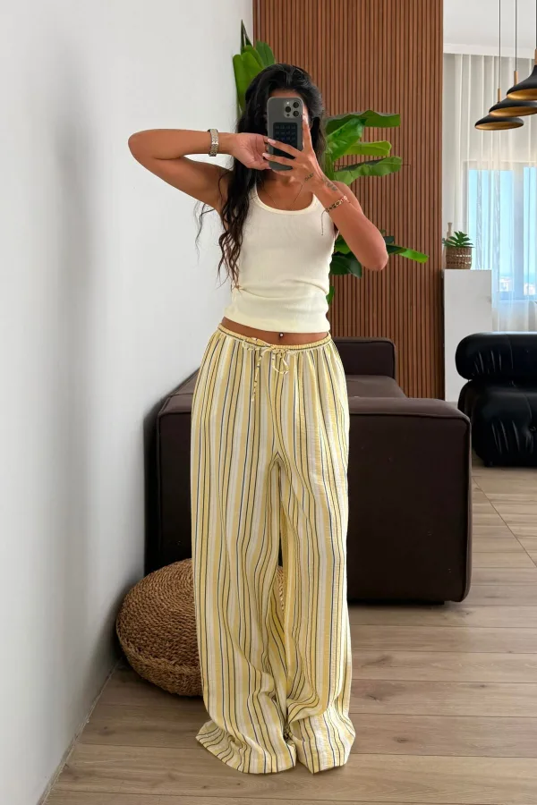 Stefa Çizgili Pantolon Sarı