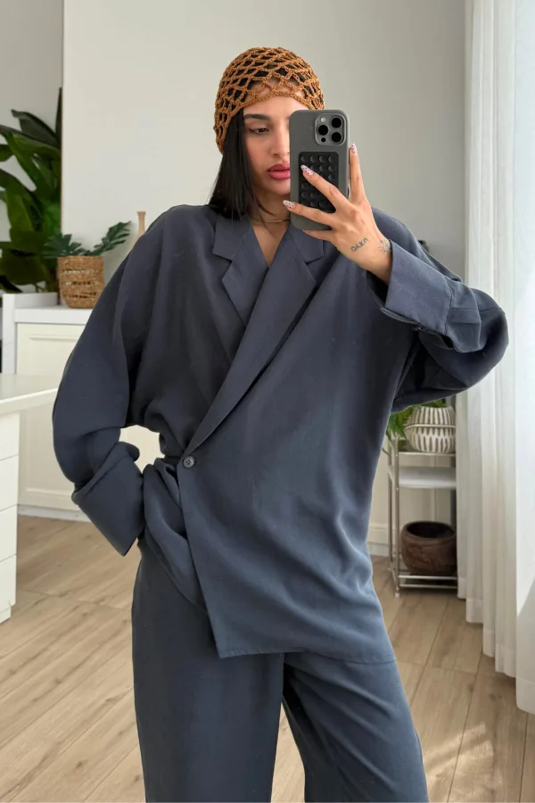 Michel Bağlamalı Oversize Ceket Lacivert