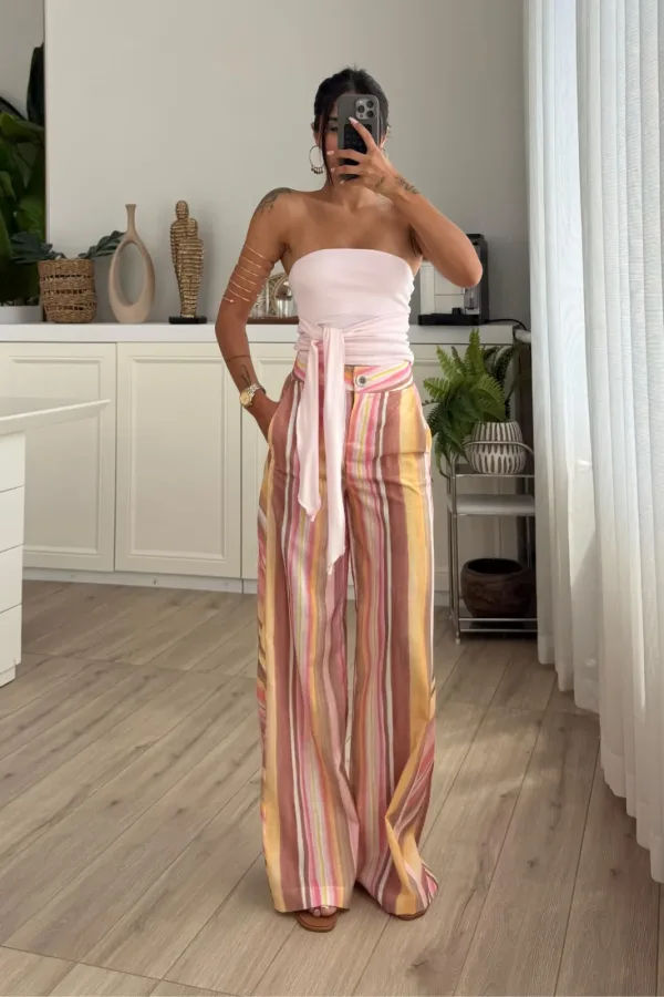 Multicolor Bol Pantolon Pembe 