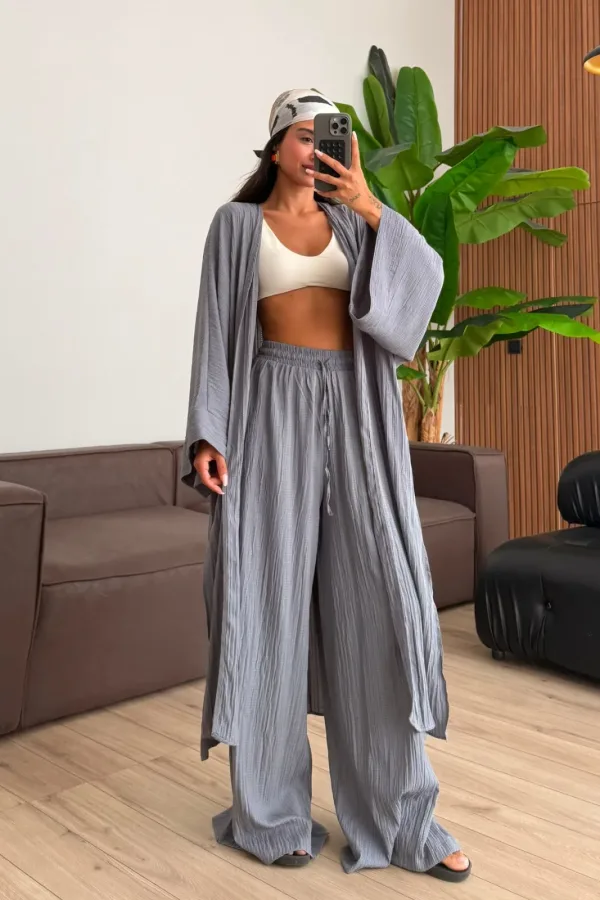 Gofre Kumaş Yırtmaçlı Kimono Takım