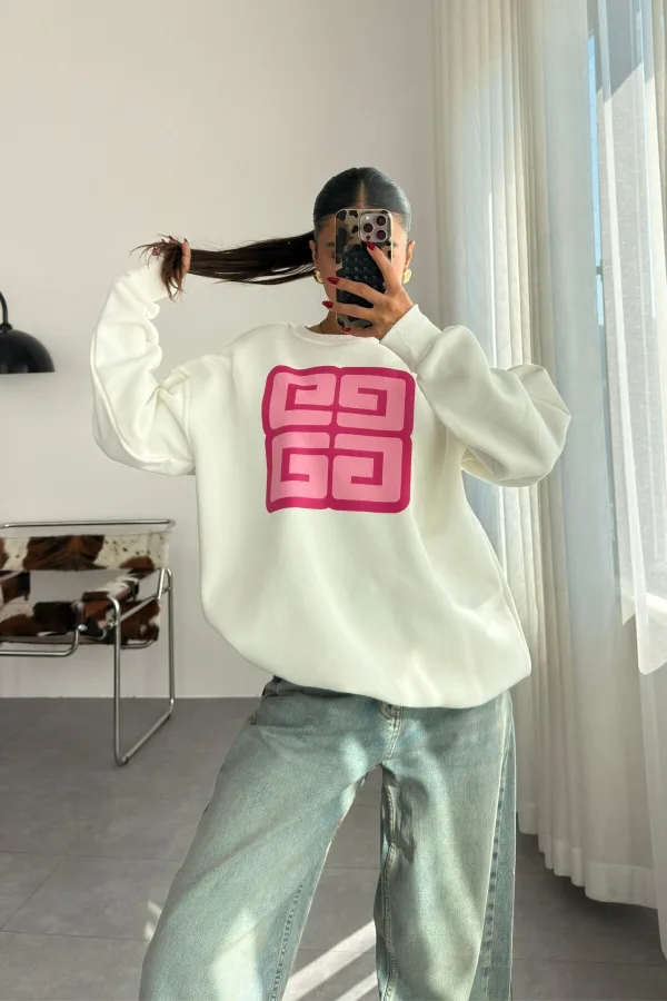 Önü Baskılı Oversize Beyaz Sweat
