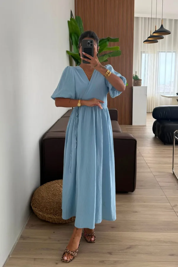 Müslin Belden Bağlamalı Elbise Bebe Mavi
