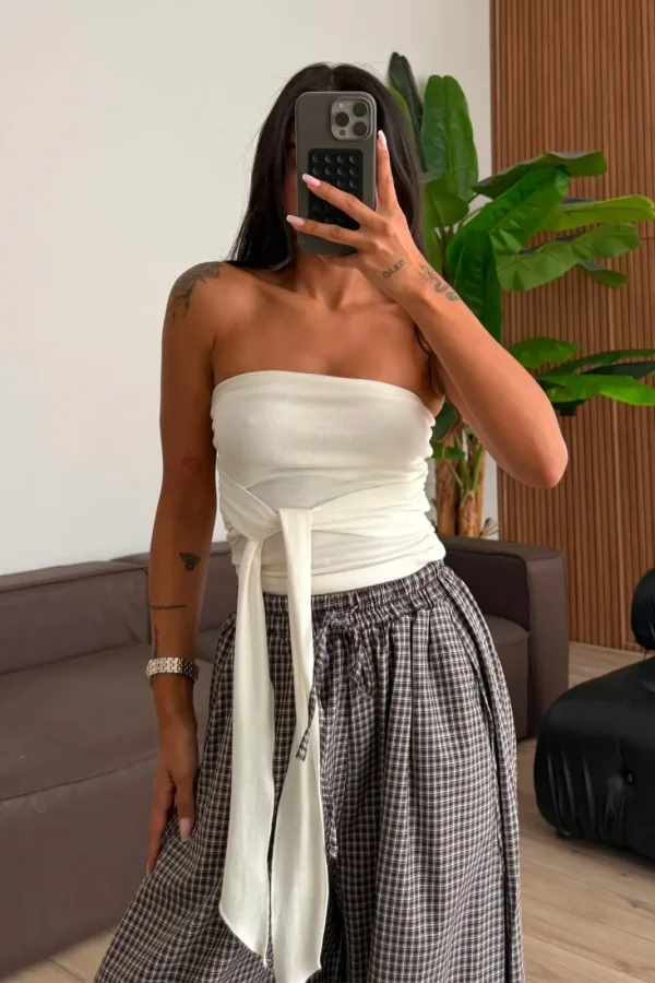 Beli Kuşaklı Straplez Bluz Ekru 
