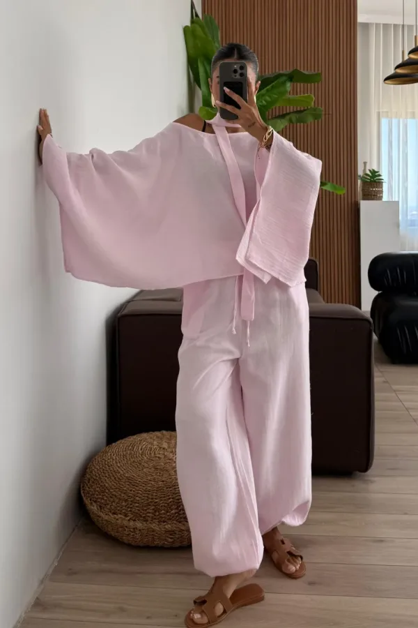 Yarasa Kollu Müslin Pantolon Takım 