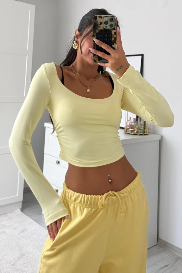 U Yaka Drapeli Crop Sarı