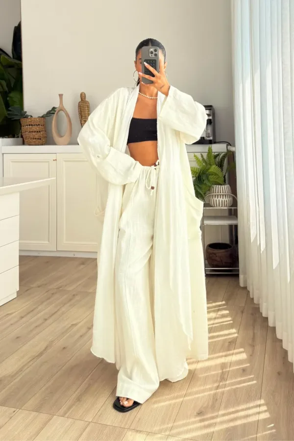 Tül Detaylı Cepli Kimono Takım