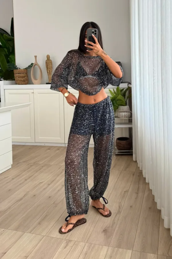 Pullu Fileli Bluz Pantolon Takım 