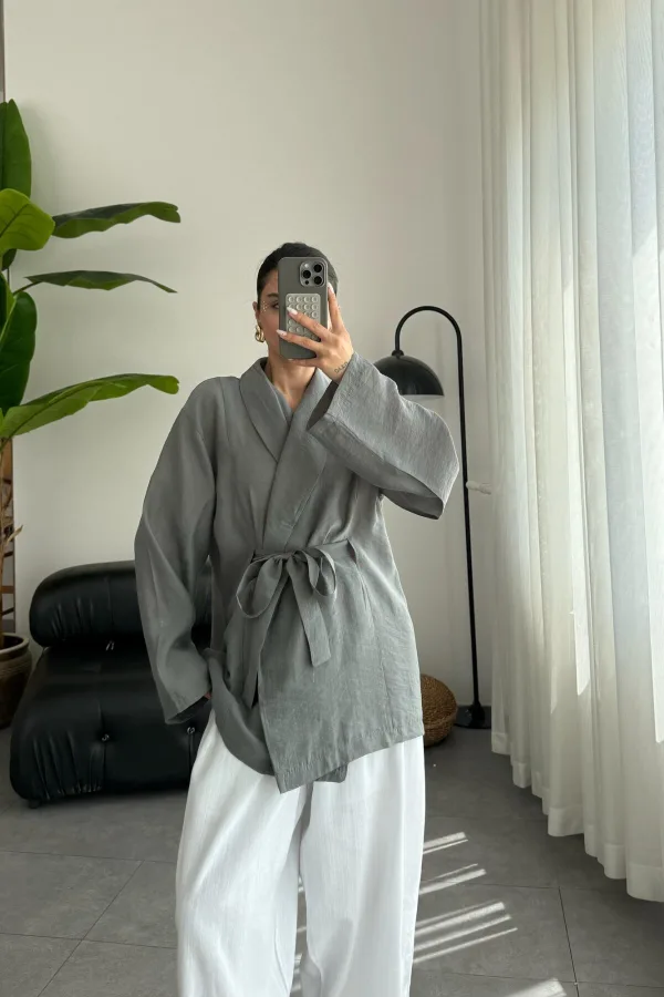 Bağlamalı Transparan Kimono Antrasit