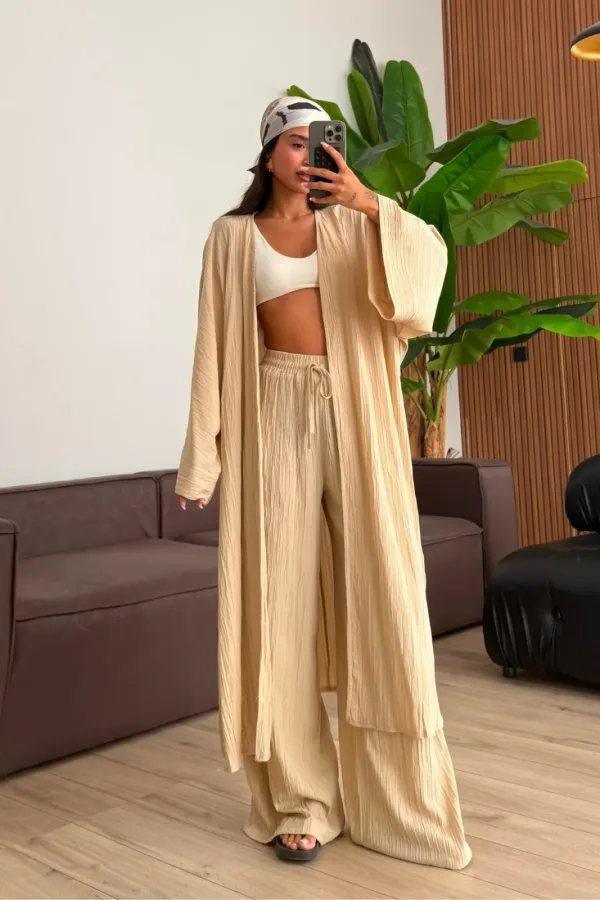 Gofre Kumaş Yırtmaçlı Kimono Takım